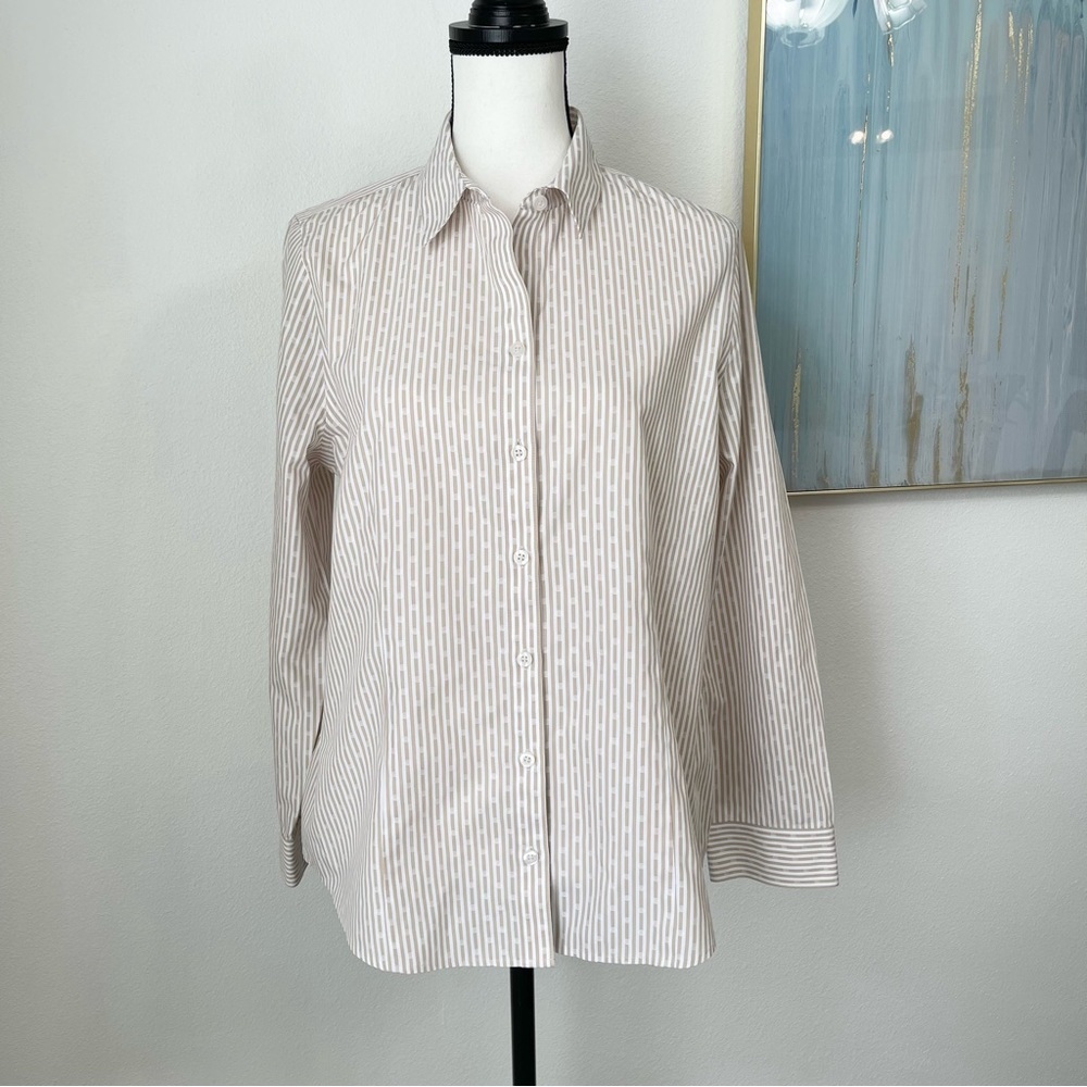NWT Chico’s No Iron CoolMax All Season Button Down Cream & white stripes. Size 1